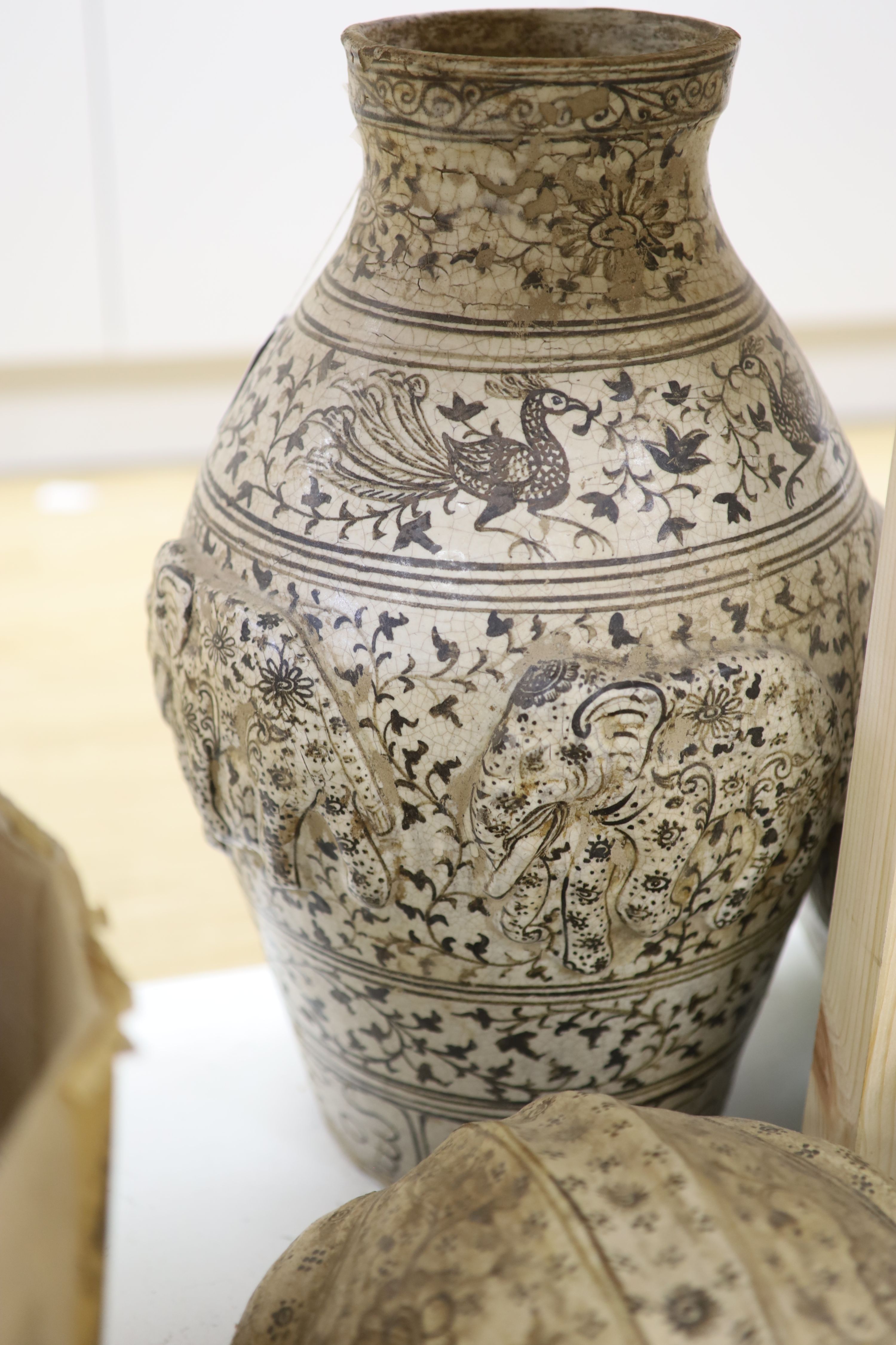 A Sukhothai style elephant vase, height 51cm, and a similar model of a frog